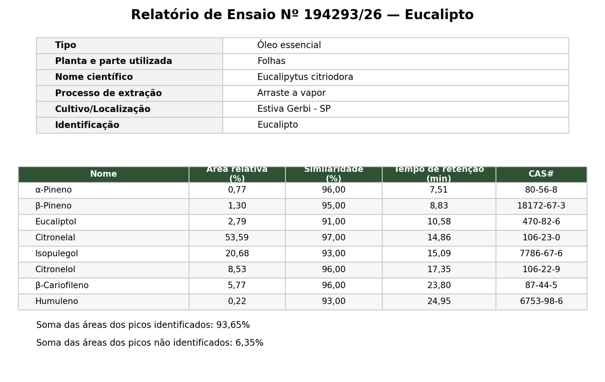 Óleo essencial de Eucalipto (Eucalyptus citriodora) ORGÂNICO NÃO CERTIFICADO